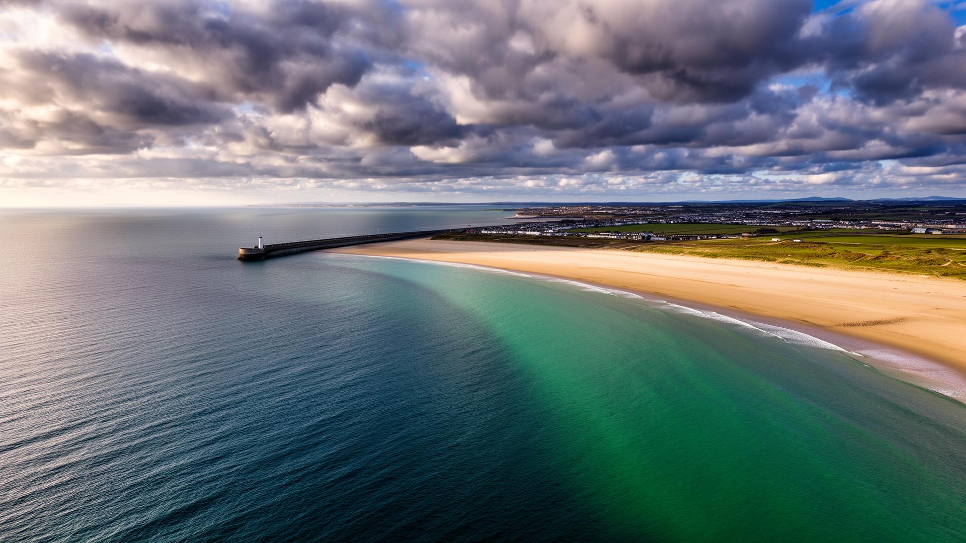 Aerial view of a Dublin coastline used as the Roadwaves homepage background
